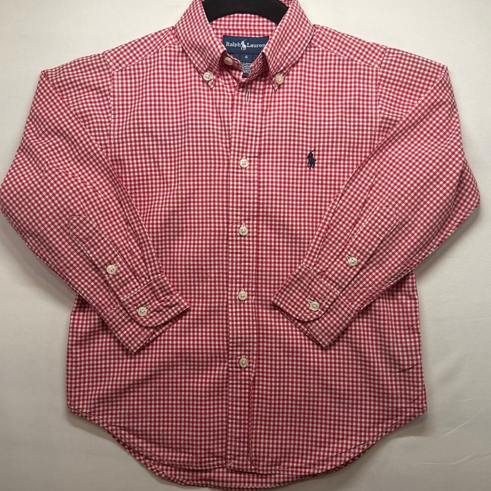 Ralph Lauren Boys Red Gingham Long Sleeve Button Down Shirt - Size 4